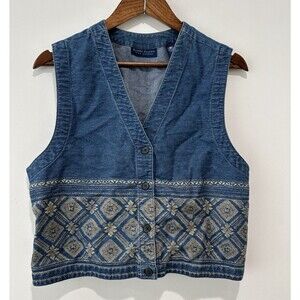 Vintage Karen Scott Vest Large Denim Floral Boho Festival Cowgirl Y2K Western